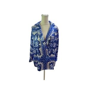 Alex & Parker Mykonos Blue White Satin Double Breasted Blouse NWT Small